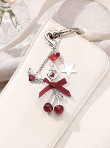 ROMWE Kawaii 1pc Y2K Chic Elegant High-Quality Silver Chain Star Dice Ribbon Bow Crystal Wing Heart Cherry Pendant Keychain, Suitable For Women/Girls Daily Wear, Holiday Gift - Burgundy - View 5