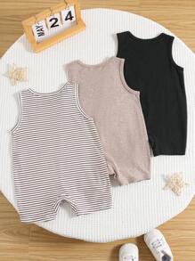 SHEIN 3pcs/Set Solid Color Soft Knitted Sleeveless Romper Set For Newborn Boys/Girls - Multicolor - View 2