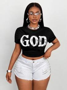 Maweii Plus Size Letter Print Street Style Fitted T-Shirt - Black - View 4