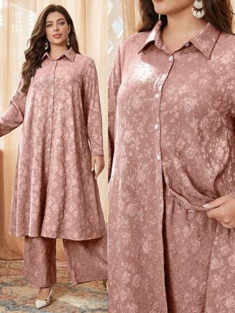 Mulvari 2pcs Textured Jacquard Contrast Button Plus Size Casual Set 2 Pieces Set Fall Cloth For Women