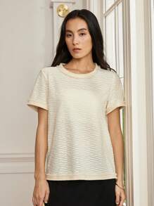 Dazy-Less Blusa da donna a maniche corte con collo rotondo, in chiffon con effetto testurizzato, decorata con fiori e frange, adatta all'estate e all'ufficio