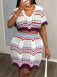 Slaydiva Ensemble Top en tricot à manches courtes et jupe, grande taille Y2431-1XL, minimaliste et à la mode, convient pour l'été - Multicolore - Voir 4