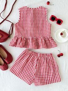 SHEIN Leap Crew Tween Girls Casual Plaid Ruffle Bowknot Cami And Shorts 2 Pieces Set - Red - View 2