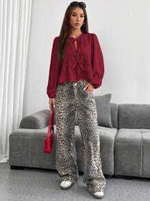SHEIN EZwear Burgundy Woven Women's Lantern Sleeve Bowknot Blouse