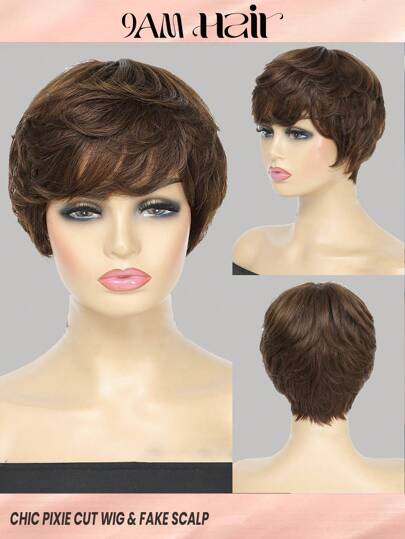 Corte Pixie con cabelludo falso, cabello Remy liso, hecho a máquina, peluca de cabello humano de color corto, marrón moca para mujer