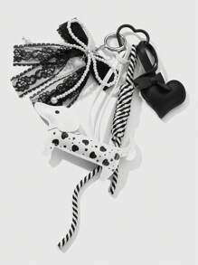 ROMWE Kawaii 1 件 Miu 风格精致可爱百搭甜美高品质手工串珠白色仿珍珠黑色蕾丝蝴蝶结多层皮革心形腊肠犬编织绳 DIY 钥匙扣/包包饰物，适合女孩和女士日常穿着，节日礼物 - 黑與白 - 查看 6