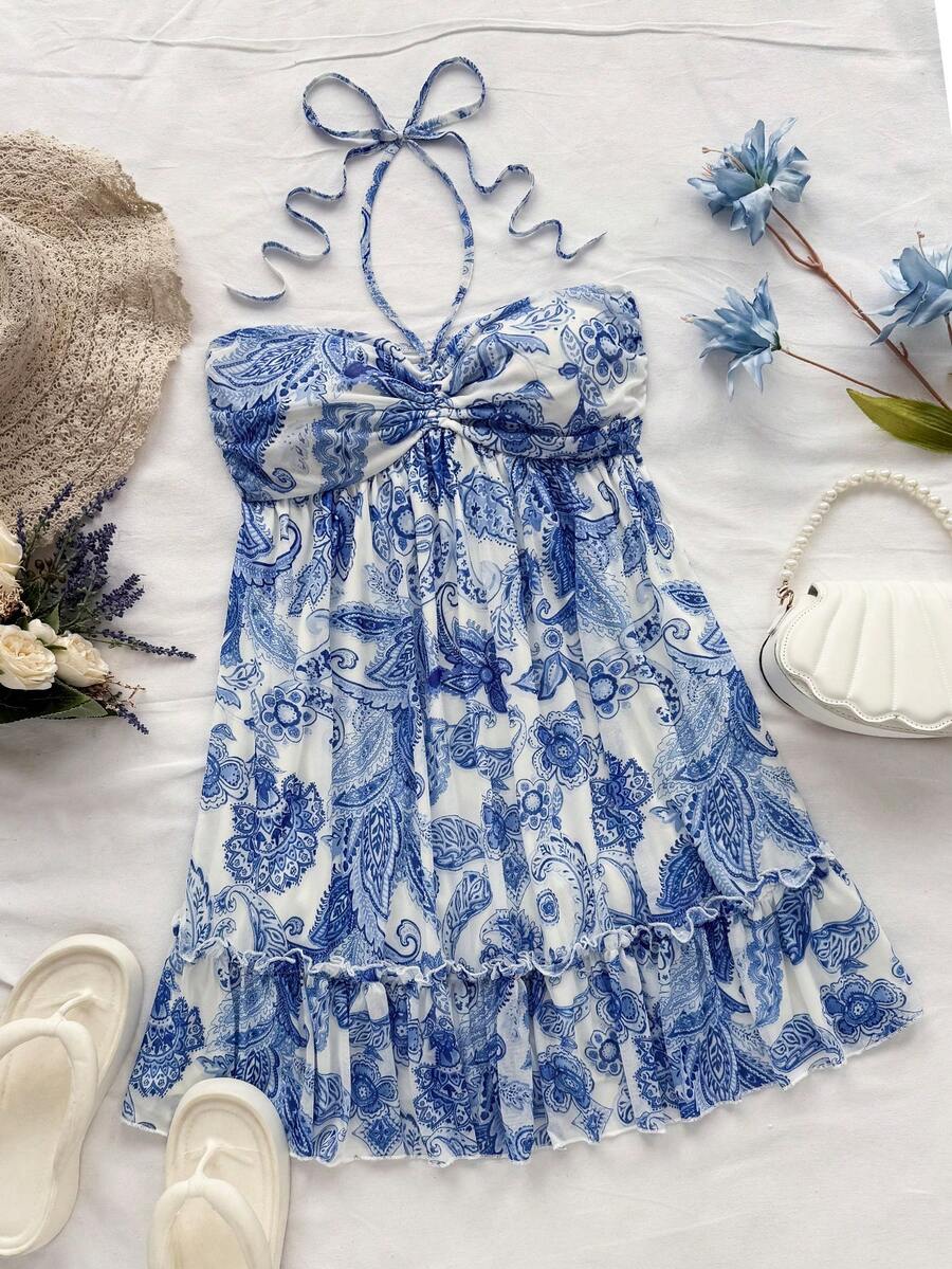 Soleia Women's White And Blue Floral Halter Neck Paisley Print Mini Dress,Boho Summer Vacation Holiday Ruffle Hem Hippie Music Festival A-Line Sun Dress - Multicolor - View 1