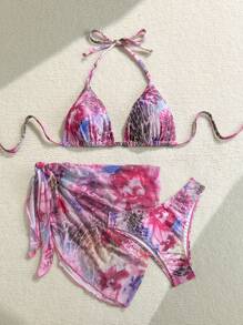 Soleia Women's 3pcs Vintage Leopard Floral Print Halter Neck Tie-Up Wrap Skirt Beach Set - Multicolor - View 5