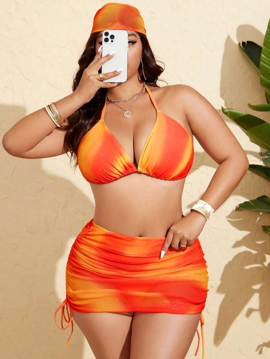 Slaydiva 4 件大码女式扎染印花比基尼套装，配有褶皱网眼裙和头带，夏季海滩度假泳装 - 彩色 - 查看 1