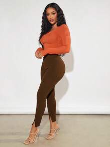 SHEIN SXY Solid Split Hem Leggings - Coffee Brown - View 6