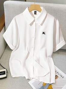 Flirla Plus Size Summer Casual Versatile Embroidery Detail Batwing Sleeve Shirt - White - View 1