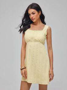 Roylia Vestido mini romántico francés de mujer con escote cuadrado, ajustado, con detalles de volantes en color amarillo