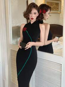 DAZY Nuovo abito in stile cinese migliorato, cheongsam nero senza maniche in maglia con motivo ricamato a rose, adatto per estate e autunno