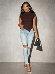 SHEIN SXY Elegant Romantic Solid Color Asymmetric Hem Short Sleeve Knit T-Shirt, Summer