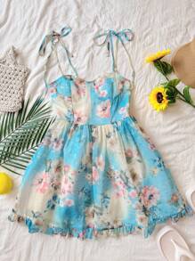 DAZY Ditsy Floral Cinched Waist Cami Dress, Women Casual Beach Holiday Dress Cruise Women Outfits,Ruffle Vacation - Mint Blue - View 2