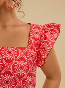 Travachic 大码女式夏季休闲沙滩方领盖袖印花衬衫上衣 - 紅色 - 查看 1