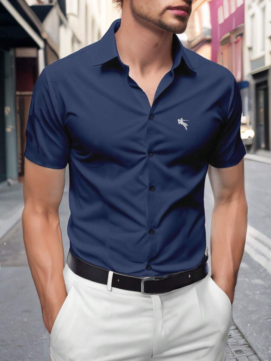 Manfinity Mode Áo sơ mi thêu tay ngắn mùa hè màu trơn cài nút phía trước - Màu xanh hải quân - Xem 1
