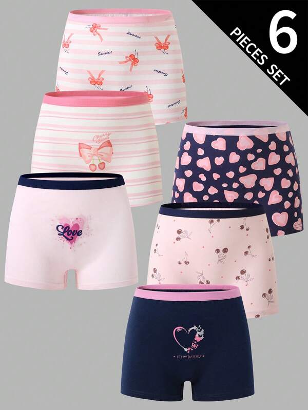 6pcs Girls Cotton Heart, Cherry, Bow Pattern Printed Briefs, Comfortable & Versatile All Season