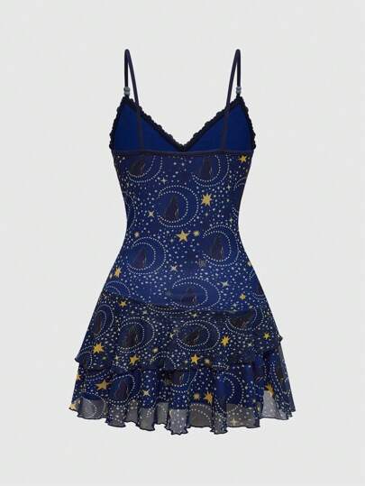 Hippie Robe courte casual de femme avec imprimé lune et étoile
