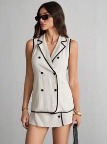 SHEIN Tall Bộ đồ vest không tay và váy chắp vá bằng vải lanh dành cho nữ có viền màu, thời trang tối giản, trang phục thường ngày & thường ngày, trang phục công sở thanh lịch khi đi làm - Màu be - Xem 5
