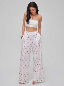 Roylia Women's Minimalist Cherry Print Wide Leg Pants With Side Pockets And Elastic Waist, Versatile Fall Cloth For Women - White - View 3