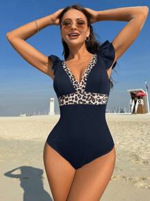 SHEIN Swim Traje de baño de una pieza con estampado de leopardo y escote en V profundo sin mangas, de moda para el verano - Azul Marino - Ver 4