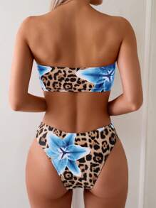 Women's 2pcs Leopard Print & Tropical Flower Vacation Casual Sexy Halter Bandeau Bikini Set For Summer - Multicolor - View 2