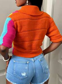 BamGleam Mujer Jersey/Chaqueta de punto ligero de color naranja y rosa con contraste de colores, de corte asimétrico, de rayas, casual, minimalista, con cuello en V, abotonado, de manga corta, elegante y sencillo