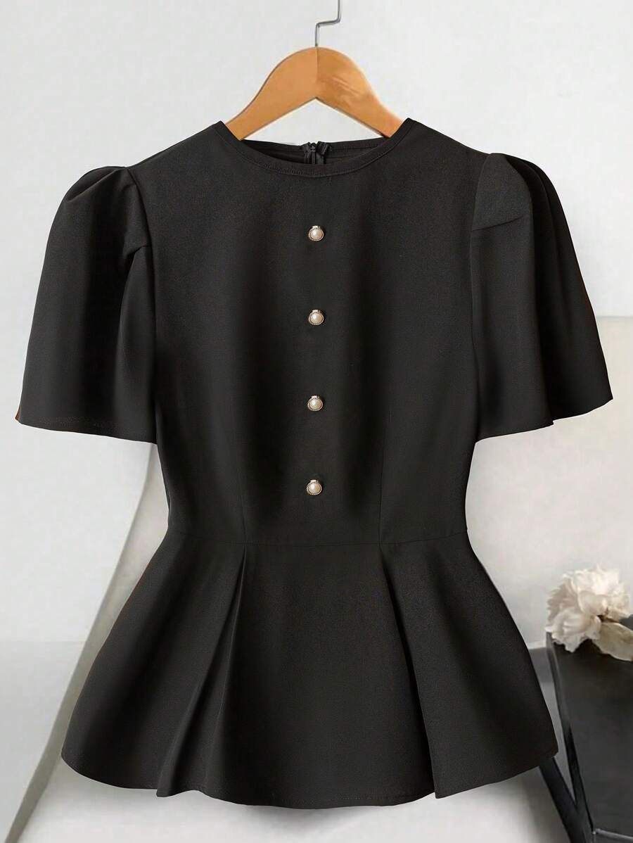 SHEIN Clasi 女式黑色圆领金色纽扣装饰A字短袖衬衫