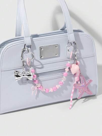Kawaii 1 pezzo Stile Miu Ragazza dolce, fatto a mano con perle finte, cuore in acrilico, stella in pelle, fiocco in CCB, cordino intrecciato, pendente/portachiavi per borsa, adatto per uso quotidiano di donne/ragazze, regalo per vacanze