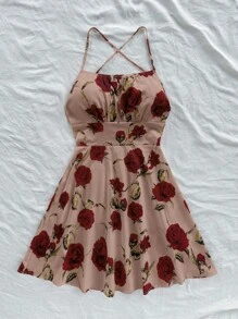 Soleia 女士浪漫红色花卉图案细肩带露背 A 字迷你连衣裙，时尚性感夏季海滩巡航度假连衣裙，适合情人节、狂欢节、复活节、中国新年 - 彩色 - 查看 3