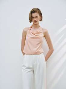 Lumivelle Women's Solid Color Drape Neck Backless Sleeveless Shirt, Summer - Baby Pink - View 5