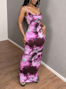 SHEIN SXY Vestido deslizante con estampado de teñido anudado, elegante, sexy y cómodo, para fiesta de graduación - Morado - Ver 6