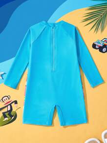 Paul Frank X SHEIN 2 Pcs/Set Young Boy Cartoon Monkey Print Long Sleeve Top And Shorts Swimsuit Set