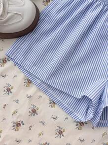 SHEIN Teen Girl White Solid Color Knitted Basic Casual Digital Print Round Neck Short Sleeve Fitted T-Shirt And Blue And White Striped Woven Waistband Woven Label Shorts Set Of Two, Suitable For Spring And Summer, Basic Style, Daily Style, Home Style, Versatile Style, Back To School Season Style, Pure Cotton, Details Elastic Waist Shorts, Home Leisure, Spring And Summer Style, Travel Style, Personalized Versatile, Clean Girl - Blue and White - View 7