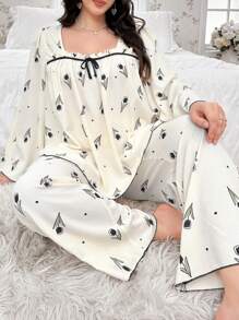 CottageSlumber Plus Size Floral Print Contrast Color Twist Ruffle Trim Square Neck Pajama Set
