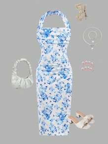 SHEIN Girlism 青少年女孩休闲简约系带碎花束腰无袖连衣裙 - 藍色 - 查看 1