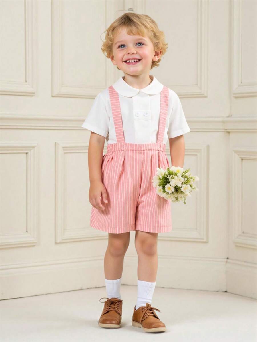 SHEIN French Retro Gentleman Boys 2pcs Set: Collared Short Sleeve Shirt + Striped Suspender Pants, Fashion Gentleman Elegant Suit For Summer Party & Occasions