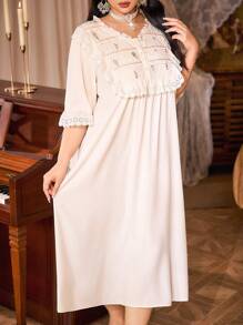PalaceNights Vestido holgado de dormir con escote en V, estilo retro, bordado y parches, talla grande, vacaciones
