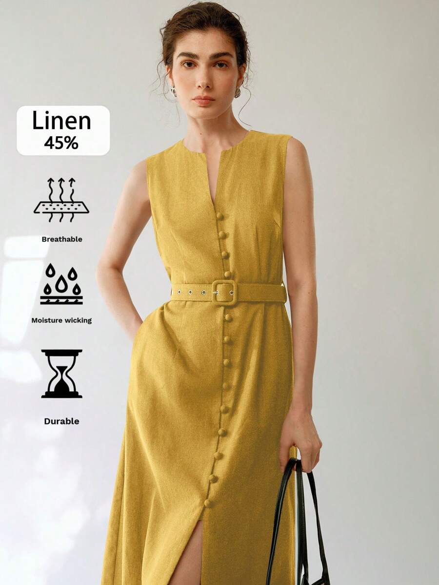 Uhlyne Đầm midi vải lanh hở lưng thanh lịch không tay có thắt lưng cho nữ - Màu vàng - Xem 1