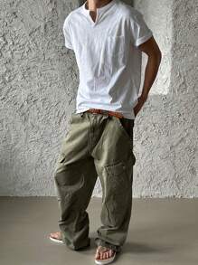 DAZY Camiseta de cuello en V con textura verde para hombre de verano