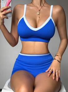 Easithlete 2pcs/Set Women Sports Bra & Shorts Set, Seamless Knitted Workout Yoga Fitness - Blue - View 3
