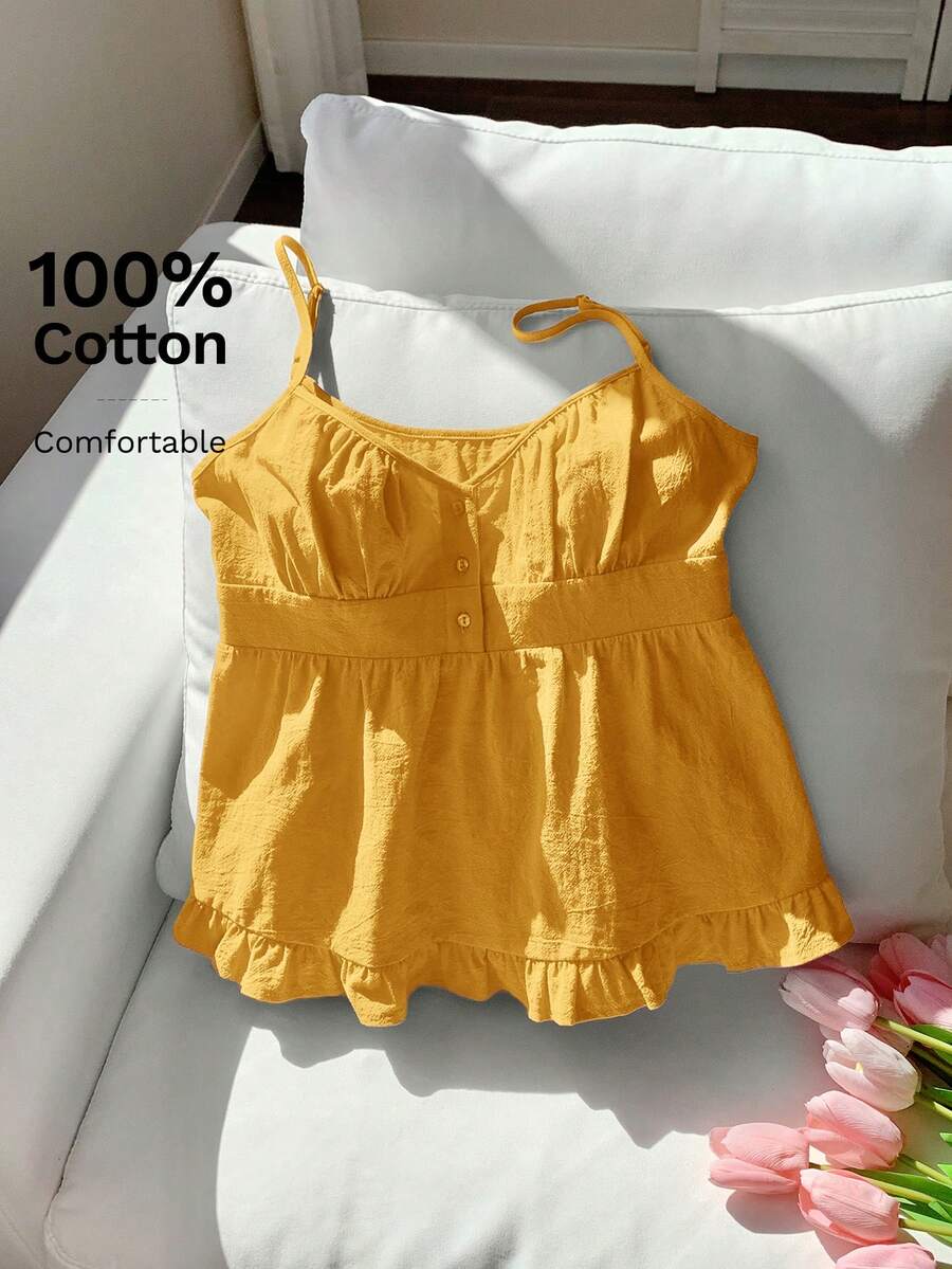 Comfortcana 女士夏季纯色纽扣V领荷叶边下摆吊带背心，100%纯棉服装，女士棉质夏季上衣，女士背心，女士夏季上衣 - 黃色 - 查看 1