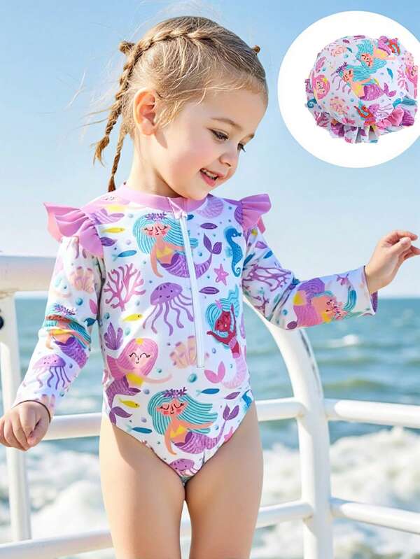 Traje de baño de una pieza con mangas largas, con estampado de animales de dibujos animados, volantes y cierre para niña, con gorro