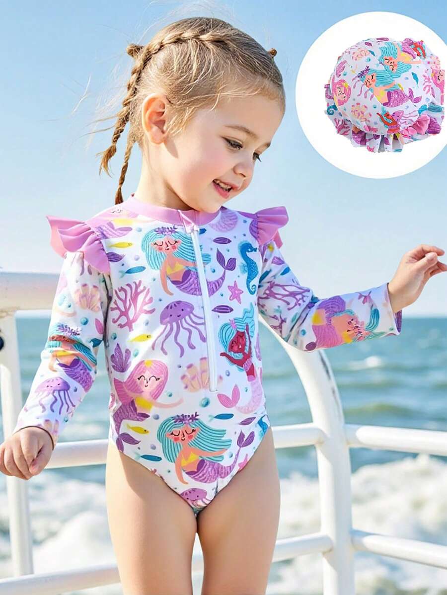 Đồ bơi liền thân dài tay in họa tiết động vật hoạt hình có khóa kéo viền bèo nhún cho bé gái kèm mũ - Nhiều màu - Xem 1