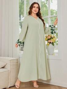 Al Najma Women Plus Size V-Neck Casual Patchwork Lace Trim Loose Arabic Dress, Modest - Green - View 7