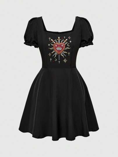 Goth Schwarzes Ballkleid mit Puffärmeln, taillierter Taille, Vintage-Stickerei, Herz-Rhinestonebesatz, für Urlaub, elegantes Midikleid für Damen