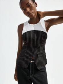 Maija 2025 Muttertags Moderne Stadt Frauen Ärmellose Schwarz & Weiß Kontrast 2-in-1 Rundhalsbluse, bequem für Frühling/Sommer Pendelverkehr, Vintage Stil