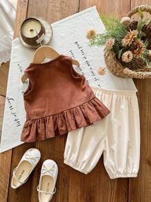 SHEIN Babygirl 夏季休闲荷叶边无袖背心和阔腿七分裤套装 - 白色 - 查看 2