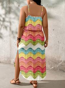 SHEIN LUNE Plus Size Women Vacation Wave Pattern Colorful Mini Dress, Suitable For Summer And Beach Mother's Day Gift Vcay - Multicolor - View 2